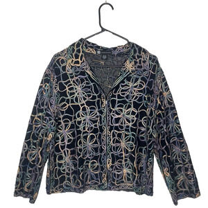 Y2K Women Full Zip Jacket XL Embroidered Floral Design Art to Wear Grunge Retro